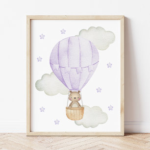 Purple Hot Air Balloon, Animals, Bear, Stars Photo Print