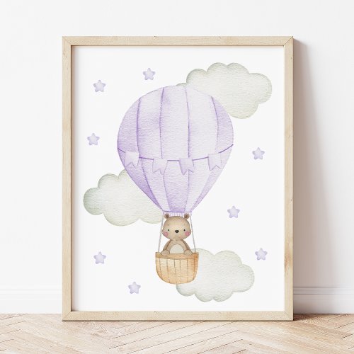 Purple Hot Air Balloon Animals Bear Stars Poster