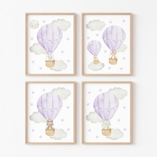 Purple Hot Air Balloon, Animals, Gender Neutral Wall Art Sets