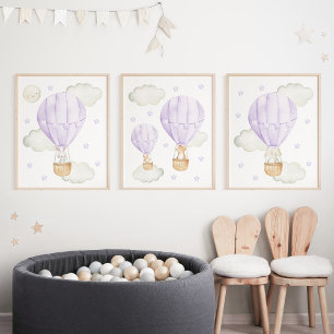 Purple Hot Air Balloon, Animals, Gender Neutral Wall Art Sets