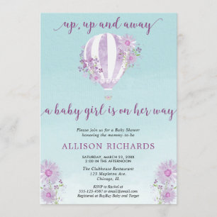 Purple hot air balloon baby shower girl invitation