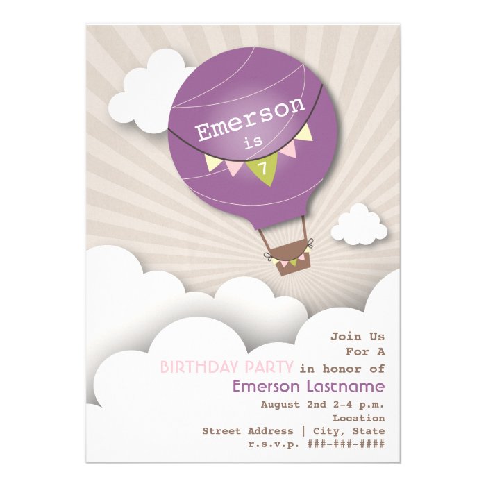 Purple Hot Air Balloon & Clouds Kids' Birthday Cards