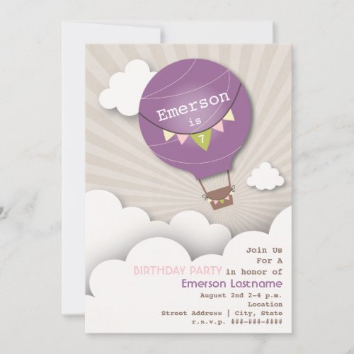 Purple Hot Air Balloon  Clouds Kids Birthday Invitation