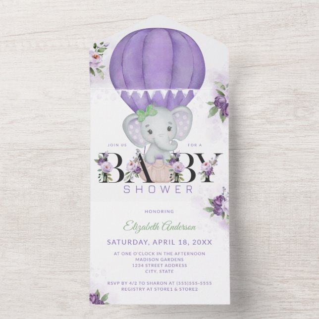 Purple Hot Air Balloon Elephant Baby Shower All In One Invitation (Inside)