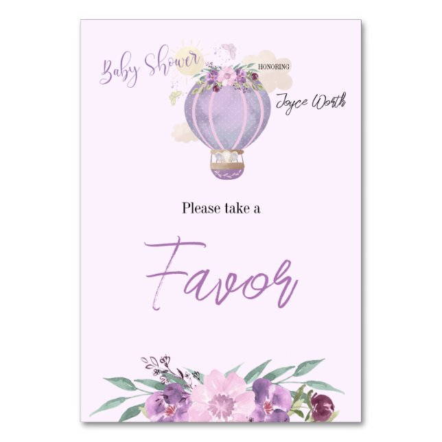 Purple hot air balloon elephant table sign number (Front)