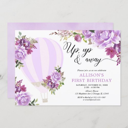 Purple hot air balloon floral girl birthday party invitation