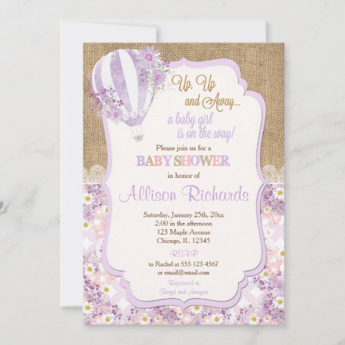 Purple hot air balloon girl baby shower invitation