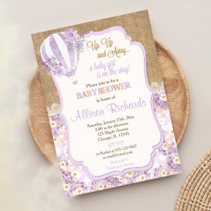 Purple hot air balloon girl baby shower invitation