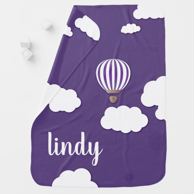 Purple Hot Air Balloon in Clouds Baby Blanket (In Situ)