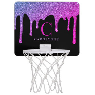 Purple Hot Pink Glitter Drips Monogram on Black Mini Basketball Hoop