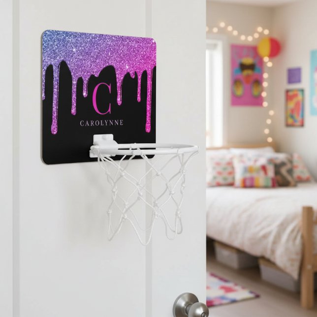 Purple Hot Pink Glitter Drips Monogram on Black Mini Basketball Hoop (Purple Hot Pink Glitter Drips Monogram on Black Mini Basketball Hoop)