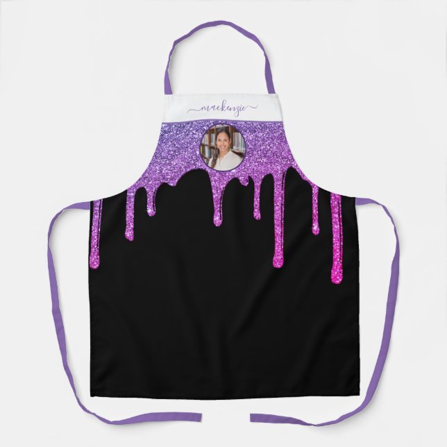 Purple Hot Pink Glitter Drips Personalized Photo A Apron (Front)