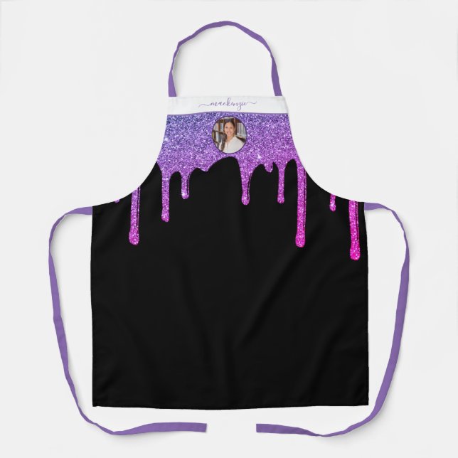 Purple Hot Pink Glitter Drips Personalized Photo Apron (Front)