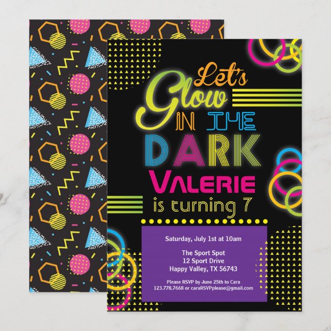 Purple & hot pink glow in the dark party invitation (Front/Back)