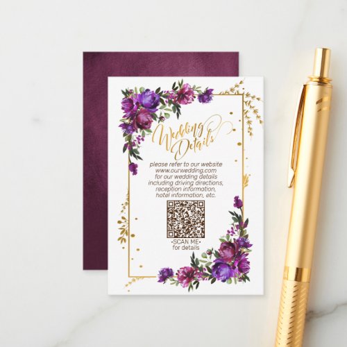 Purple Hot Pink Gold Floral QRCode Wedding Details Enclosure Card