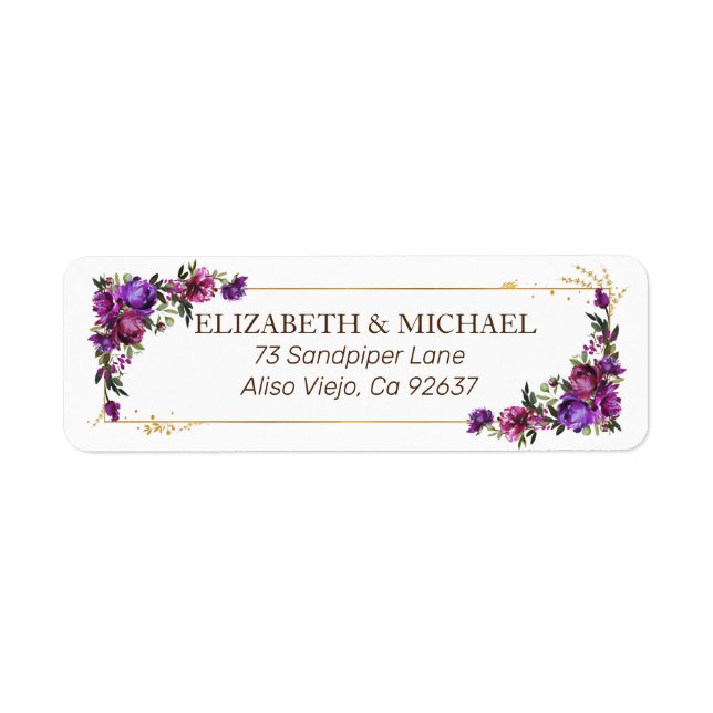 Purple Hot Pink Gold Watercolor Floral Address Label (Front)