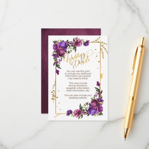 Purple Hot Pink Gold Watercolor Floral Details Enclosure Card