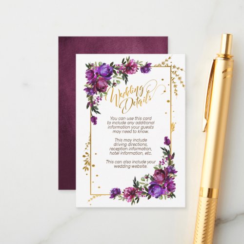 Purple Hot Pink Gold Watercolor Floral Details Enclosure Card - Looking for a breathtaking wedding invitation suite that will make your guests say "wow"? Look no further than our stunning watercolor floral Wedding Details enclosure card goes with the invitation in plum purple, hot pink, and emerald green. This suite is dripping with luxury and romance, from the delicate peony flowers to the luxurious gold script. It's guaranteed to make a lasting impression on your guests and set the tone for a truly unforgettable celebration. So don't wait another moment - order your exquisite invitations suite today! For matching products contact designer via Zazzle Designer Chat. Copyright Elegant Invites, all rights reserved.