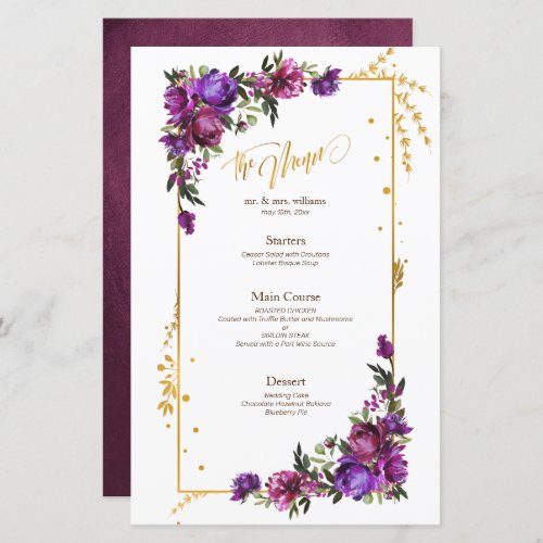 Purple Hot Pink Gold Watercolor Floral Menu - Looking for a breathtaking wedding invitation suite that will make your guests say "wow"? Look no further than our stunning watercolor floral Reception Menu coordinates with the invitation in plum purple, hot pink, and emerald green. This suite is dripping with luxury and romance, from the delicate peony flowers to the luxurious gold script. It's guaranteed to make a lasting impression on your guests and set the tone for a truly unforgettable celebration. So don't wait another moment - order your exquisite invitations suite today! For matching products contact designer via Zazzle Designer Chat. Copyright Elegant Invites, all rights reserved.