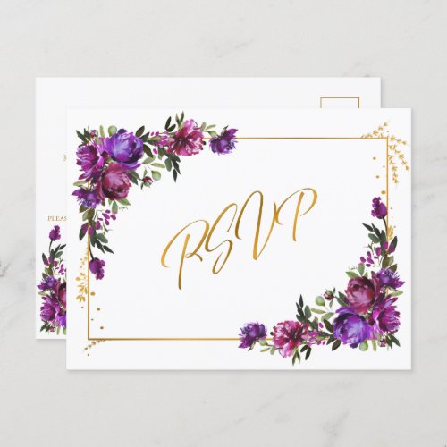 Purple Hot Pink Gold Watercolor Floral RSVP Invitation Postcard - Looking for a breathtaking wedding invitation suite that will make your guests say "wow"? Look no further than our stunning watercolor floral RSVP postcard goes with the invitation in plum purple, hot pink, and emerald green. This suite is dripping with luxury and romance, from the delicate peony flowers to the luxurious gold script. It's guaranteed to make a lasting impression on your guests and set the tone for a truly unforgettable celebration. So don't wait another moment - order your exquisite invitations suite today! For matching products contact designer via Zazzle Designer Chat. Copyright Elegant Invites, all rights reserved.