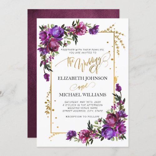 Purple Hot Pink Gold Watercolor Floral Script  Invitation - Looking for a breathtaking wedding invitation that will make your guests say "wow"? Look no further than our stunning watercolor floral invitation in plum purple, hot pink, and emerald green. This invite is dripping with luxury and romance, from the delicate peony flowers to the luxurious gold script. It's guaranteed to make a lasting impression on your guests and set the tone for a truly unforgettable celebration. So don't wait another moment - order your exquisite invitations today! For matching products contact designer via Zazzle Designer Chat. Copyright Elegant Invites, all rights reserved.