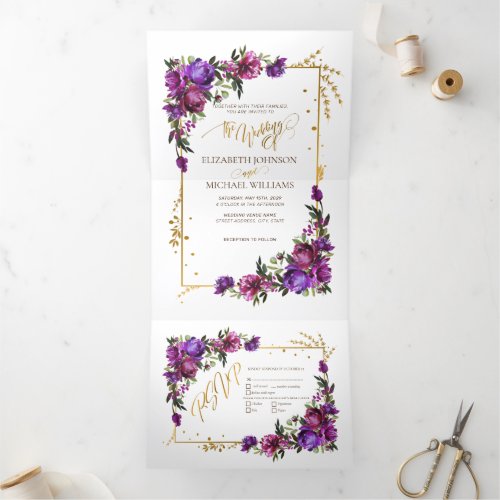 Purple Hot Pink Gold Watercolor Floral Script Tri-Fold Invitation - Looking for a breathtaking wedding invitation that will make your guests say "wow"? Look no further than our stunning watercolor floral invitation in plum purple, hot pink, and emerald green. This invite is dripping with luxury and romance, from the delicate peony flowers to the luxurious gold script. It's guaranteed to make a lasting impression on your guests and set the tone for a truly unforgettable celebration. So don't wait another moment - order your exquisite invitations today! For matching products contact designer via Zazzle Designer Chat. Copyright Elegant Invites, all rights reserved.