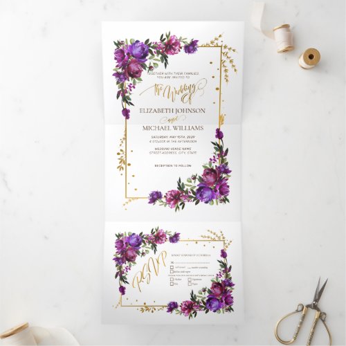 Purple Hot Pink Gold Watercolor Floral Script Tri_Fold Invitation