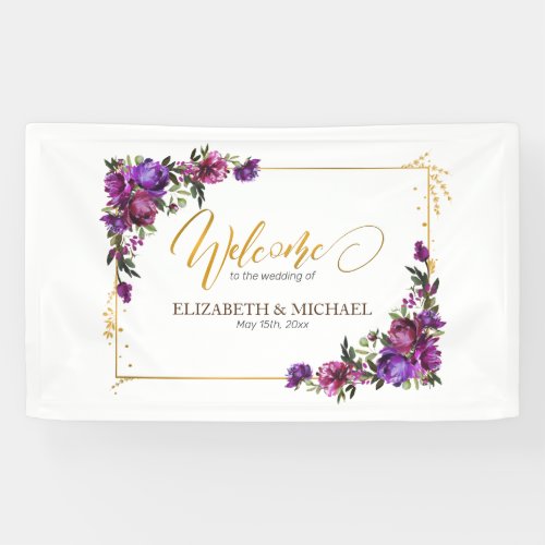 Purple Hot Pink Gold Watercolor Floral Wedding Banner - Looking for a breathtaking wedding invitation suite that will make your guests say "wow"? Look no further than our stunning watercolor floral welcome banner goes with the invitation in plum purple, hot pink, and emerald green. This suite is dripping with luxury and romance, from the delicate peony flowers to the luxurious gold script. It's guaranteed to make a lasting impression on your guests and set the tone for a truly unforgettable celebration. So don't wait another moment - order your exquisite invitations suite today! For matching products contact designer via Zazzle Designer Chat. Copyright Elegant Invites, all rights reserved.