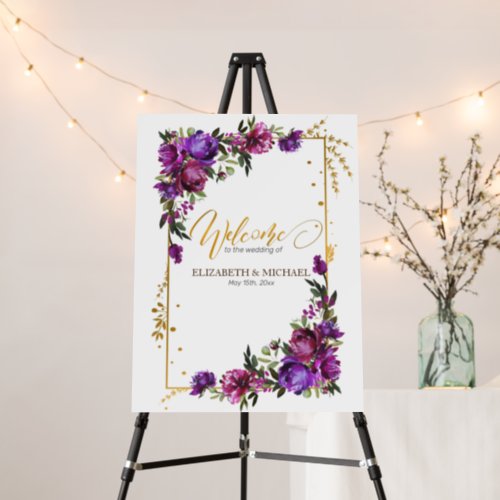 Purple Hot Pink Gold Watercolor Floral Wedding Foam Board - Looking for a breathtaking wedding invitation suite that will make your guests say "wow"? Look no further than our stunning watercolor floral Welcome Foam Board goes with the invitation in plum purple, hot pink, and emerald green. This suite is dripping with luxury and romance, from the delicate peony flowers to the luxurious gold script. It's guaranteed to make a lasting impression on your guests and set the tone for a truly unforgettable celebration. So don't wait another moment - order your exquisite invitations suite today! For matching products contact designer via Zazzle Designer Chat. Copyright Elegant Invites, all rights reserved.