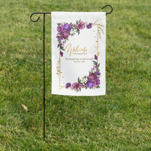 Purple Hot Pink Gold Watercolor Floral Wedding Garden Flag - Looking for a breathtaking wedding invitation suite that will make your guests say "wow"? Look no further than our stunning watercolor floral garden welcome flag goes with the invitation in plum purple, hot pink, and emerald green. This suite is dripping with luxury and romance, from the delicate peony flowers to the luxurious gold script. It's guaranteed to make a lasting impression on your guests and set the tone for a truly unforgettable celebration. So don't wait another moment - order your exquisite invitations suite today! For matching products contact designer via Zazzle Designer Chat. Copyright Elegant Invites, all rights reserved.