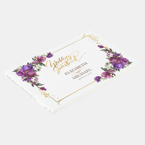Purple Hot Pink Gold Watercolor Floral Wedding Guest Book - Looking for a breathtaking wedding invitation suite that will make your guests say "wow"? Look no further than our stunning watercolor floral Guestbook coordinates with the invitation in plum purple, hot pink, and emerald green. This suite is dripping with luxury and romance, from the delicate peony flowers to the luxurious gold script. It's guaranteed to make a lasting impression on your guests and set the tone for a truly unforgettable celebration. So don't wait another moment - order your exquisite invitations suite today! For matching products contact designer via Zazzle Designer Chat. Copyright Elegant Invites, all rights reserved.