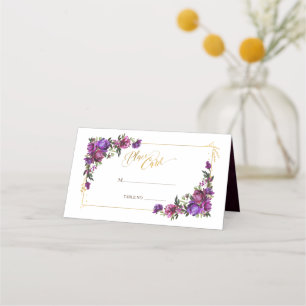 Purple Hot Pink Gold Watercolor Floral Wedding Place Card