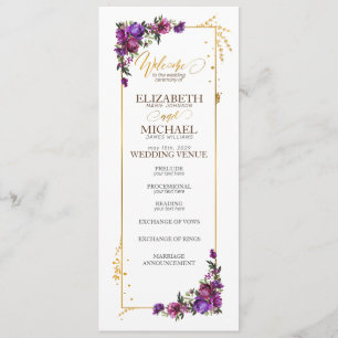 Purple Hot Pink Gold Watercolor Floral Wedding Program
