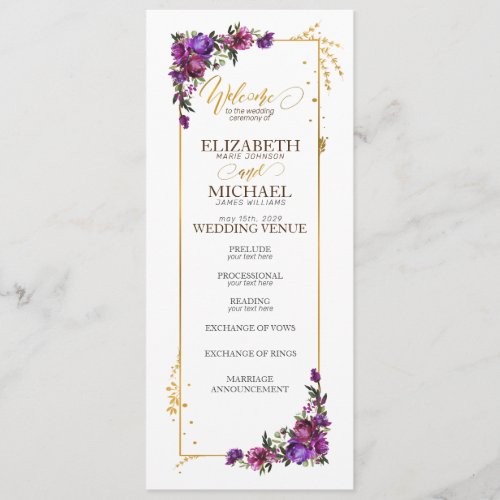 Purple Hot Pink Gold Watercolor Floral Wedding  Program - Looking for a breathtaking wedding invitation suite that will make your guests say "wow"? Look no further than our stunning watercolor floral Wedding Program goes with the invitation in plum purple, hot pink, and emerald green. This suite is dripping with luxury and romance, from the delicate peony flowers to the luxurious gold script. It's guaranteed to make a lasting impression on your guests and set the tone for a truly unforgettable celebration. So don't wait another moment - order your exquisite invitations suite today! For matching products contact designer via Zazzle Designer Chat. Copyright Elegant Invites, all rights reserved.