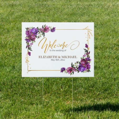 Purple Hot Pink Gold Watercolor Floral Wedding Sign - Looking for a breathtaking wedding invitation suite that will make your guests say "wow"? Look no further than our stunning watercolor floral garden wedding sign goes with the invitation in plum purple, hot pink, and emerald green. This suite is dripping with luxury and romance, from the delicate peony flowers to the luxurious gold script. It's guaranteed to make a lasting impression on your guests and set the tone for a truly unforgettable celebration. So don't wait another moment - order your exquisite invitations suite today! For matching products contact designer via Zazzle Designer Chat. Copyright Elegant Invites, all rights reserved.