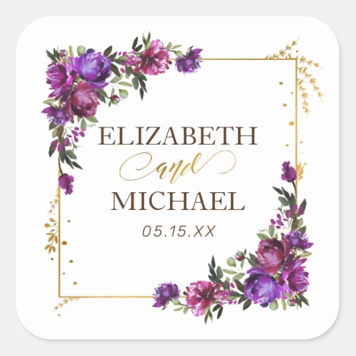 Purple Hot Pink Gold Watercolor Floral Wedding Square Sticker - Looking for a breathtaking wedding invitation suite that will make your guests say "wow"? Look no further than our stunning watercolor floral Wedding square sticker goes with the invitation in plum purple, hot pink, and emerald green. This suite is dripping with luxury and romance, from the delicate peony flowers to the luxurious gold script. It's guaranteed to make a lasting impression on your guests and set the tone for a truly unforgettable celebration. So don't wait another moment - order your exquisite invitations suite today! For matching products contact designer via Zazzle Designer Chat. Copyright Elegant Invites, all rights reserved.