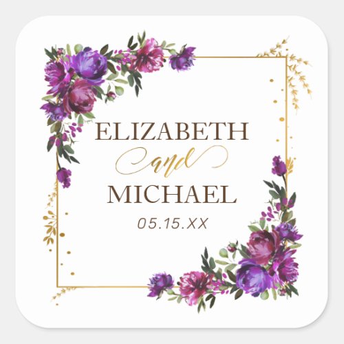 Purple Hot Pink Gold Watercolor Floral Wedding Square Sticker