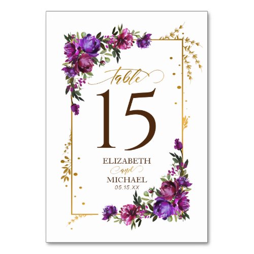 Purple Hot Pink Gold Watercolor Floral Wedding Table Number