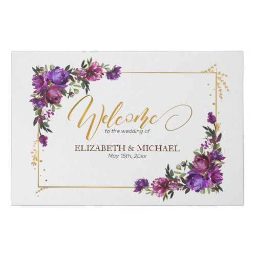 Purple Hot Pink Gold Watercolor Floral Welcome Faux Canvas Print - Looking for a breathtaking wedding invitation suite that will make your guests say "wow"? Look no further than our stunning watercolor floral wedding sign goes with the invitation in plum purple, hot pink, and emerald green. This suite is dripping with luxury and romance, from the delicate peony flowers to the luxurious gold script. It's guaranteed to make a lasting impression on your guests and set the tone for a truly unforgettable celebration. So don't wait another moment - order your exquisite invitations suite today! For matching products contact designer via Zazzle Designer Chat. Copyright Elegant Invites, all rights reserved.