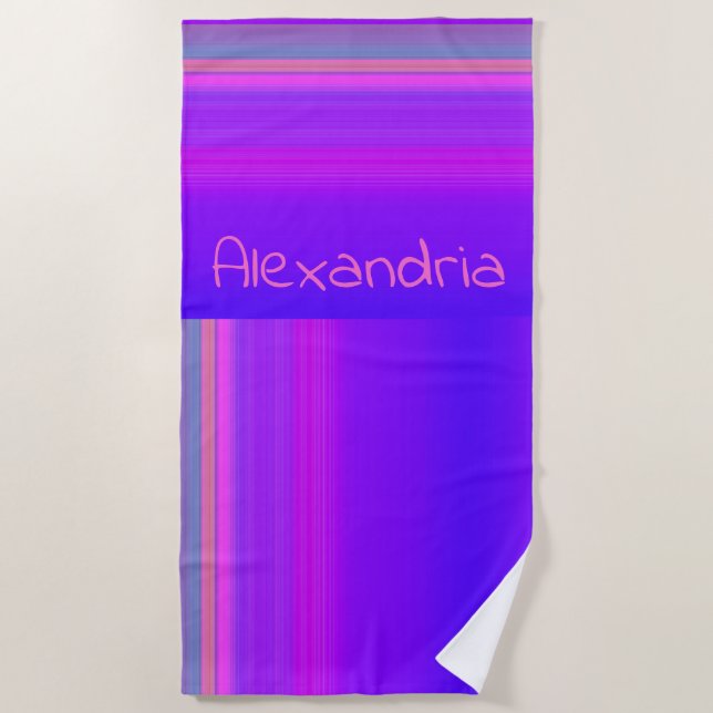 Purple Hot Pink Ombre Stripe Personalized   Beach Towel (Front)