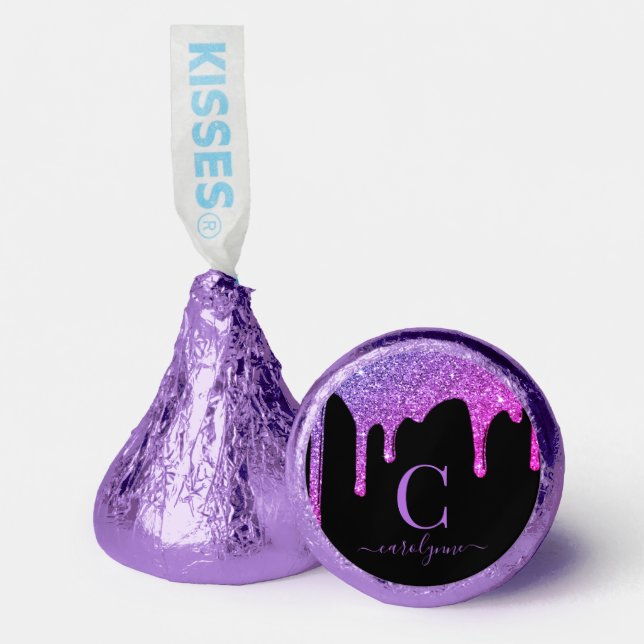 Purple Hot Pink Sparkle Glitter Drips Monogram Hershey®'s Kisses® (Front)