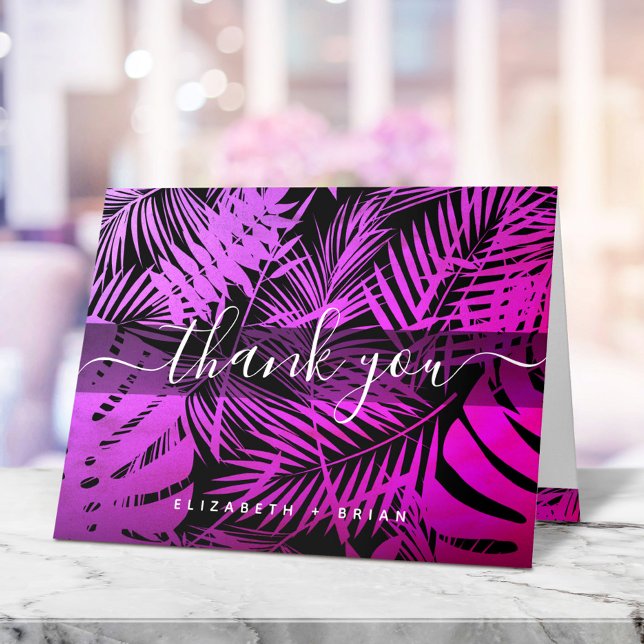 Purple hot pink tropical palm leaf script monogram letterpress thank you card (Creator Uploaded)