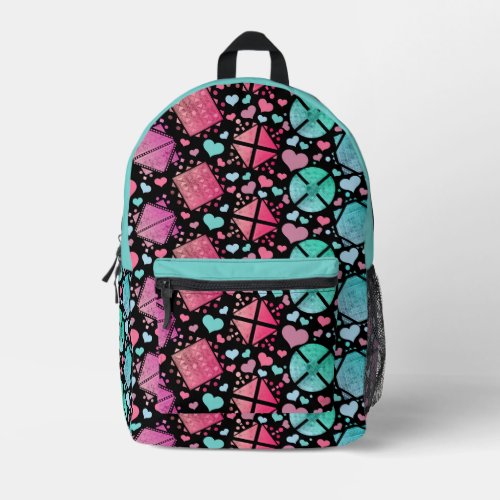 Purple Hot Pink Turquoise Hearts Patterns Shapes Printed Backpack