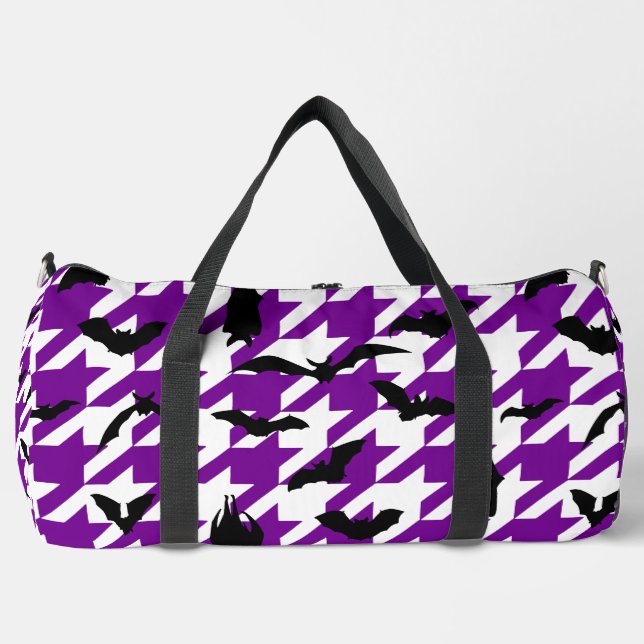 purple houndstooth halloween black bats duffle bag (Front)