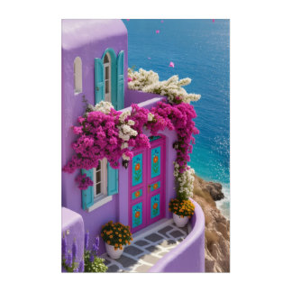 Purple House Colorful Door Blue Sea Santorini Acrylic Print