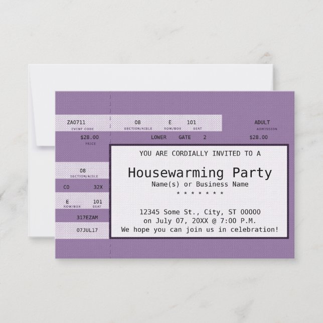 purple housewarming concert ticket invitation (Front)