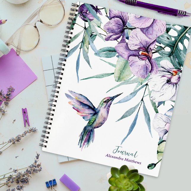 Purple Hummingbird and Floral Personalized Journal (Customize the text and choose from various page styles with this pretty notebook!)