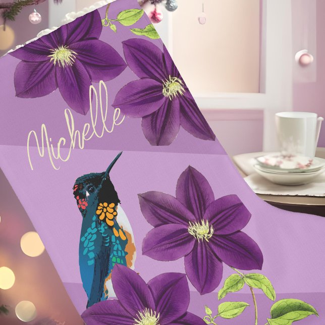 Purple Hummingbird Clematis Flower Pretty Holiday Large Christmas Stocking (Personalized purple Christmas stocking Hummingbird drawing & Clematis flower aesthetic holiday decor)