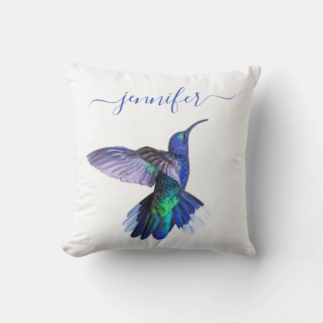 Purple Hummingbird in Flight Personalized Name Throw Pillow (Front)