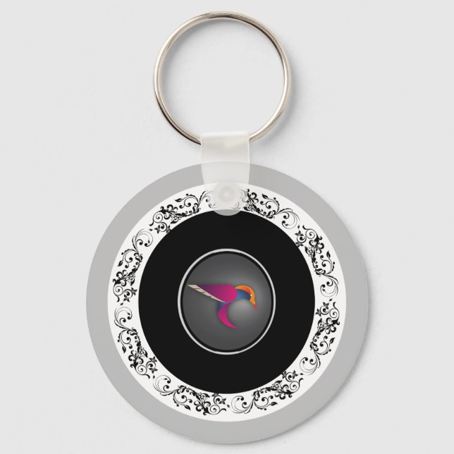 Purple Hummingbird Ornamental Circle Design Keychain (Front)
